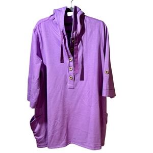 Susan Graver Weekend Women Purple Button Hoodie Tunic Pockets Roll Tab Sleeve 1X